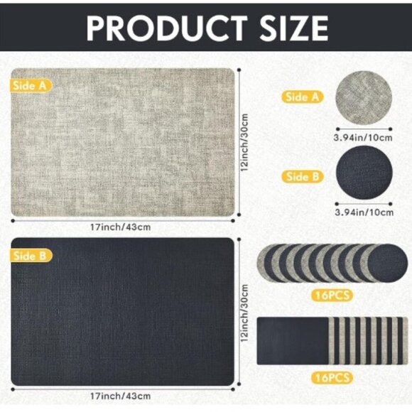 NEW 4 FAUX LEATHER PLACEMATS & COASTERS REVERSIBLE HEAT-RESISTANT BLACK & GRAY - Picture 2 of 13